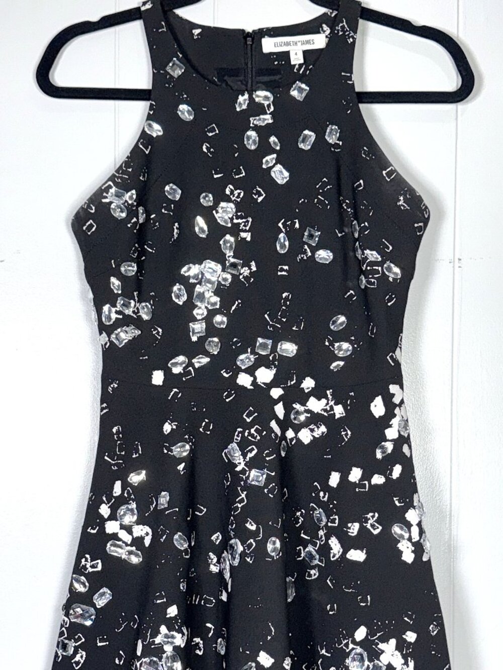 Elizabeth James Magdalena Fit Flare Rhinestone Jewel Ruffle Skater Black Dress 4